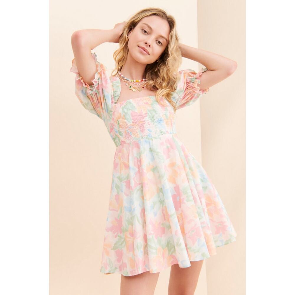 Selkie The Maria Mini Dress XXS Abstract Pastel Puff Sleeve Smocked 🍬